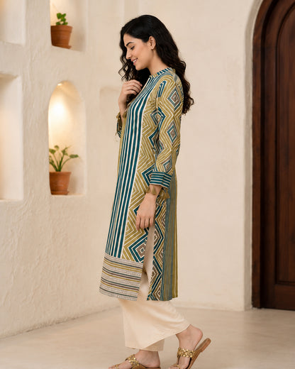 Modal Muslin Geometric Printed Kurta with Cream Straight Pants - 2 Piece Set