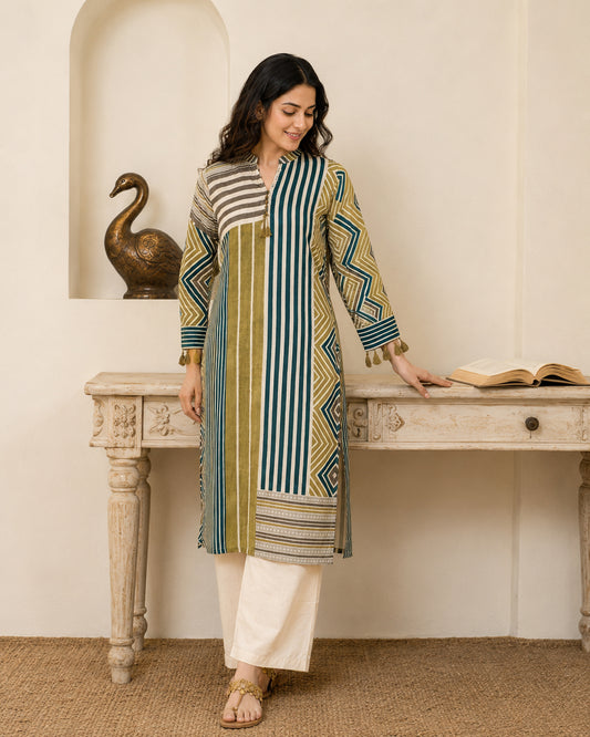 Modal Muslin Geometric Printed Kurta with Cream Straight Pants - 2 Piece Set