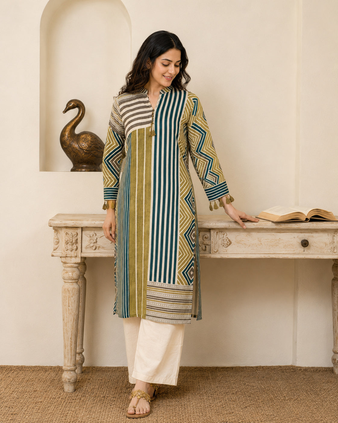 Modal Muslin Geometric Printed Kurta with Cream Straight Pants - 2 Piece Set