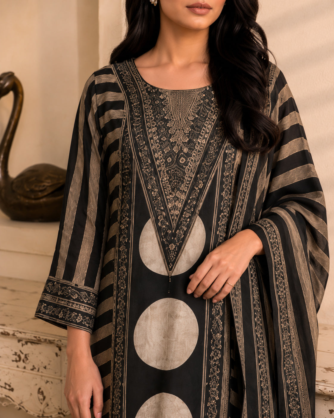 Black Mirror work Printed Modal Muslin 3-Piece Kurta Pant Suit Set with Dupatta