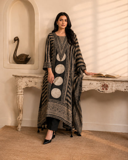 Black Mirror work Printed Modal Muslin 3-Piece Kurta Pant Suit Set with Dupatta