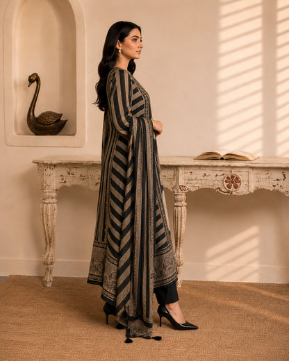 Black Mirror work Printed Modal Muslin 3-Piece Kurta Pant Suit Set with Dupatta