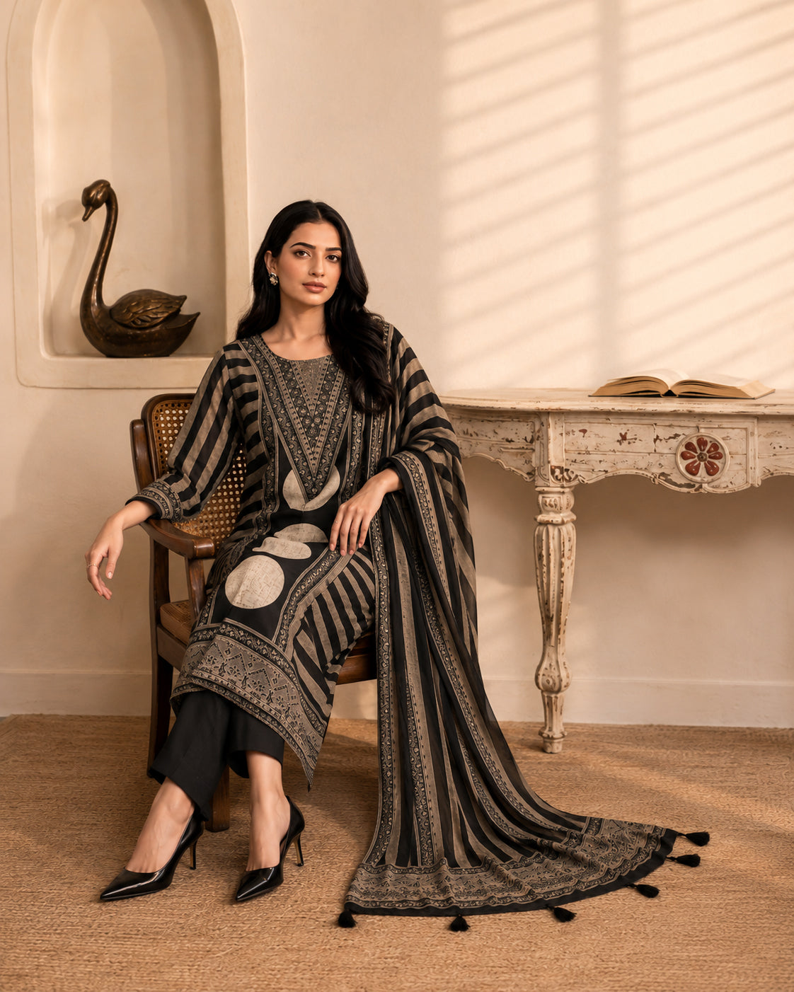 Black Mirror work Printed Modal Muslin 3-Piece Kurta Pant Suit Set with Dupatta