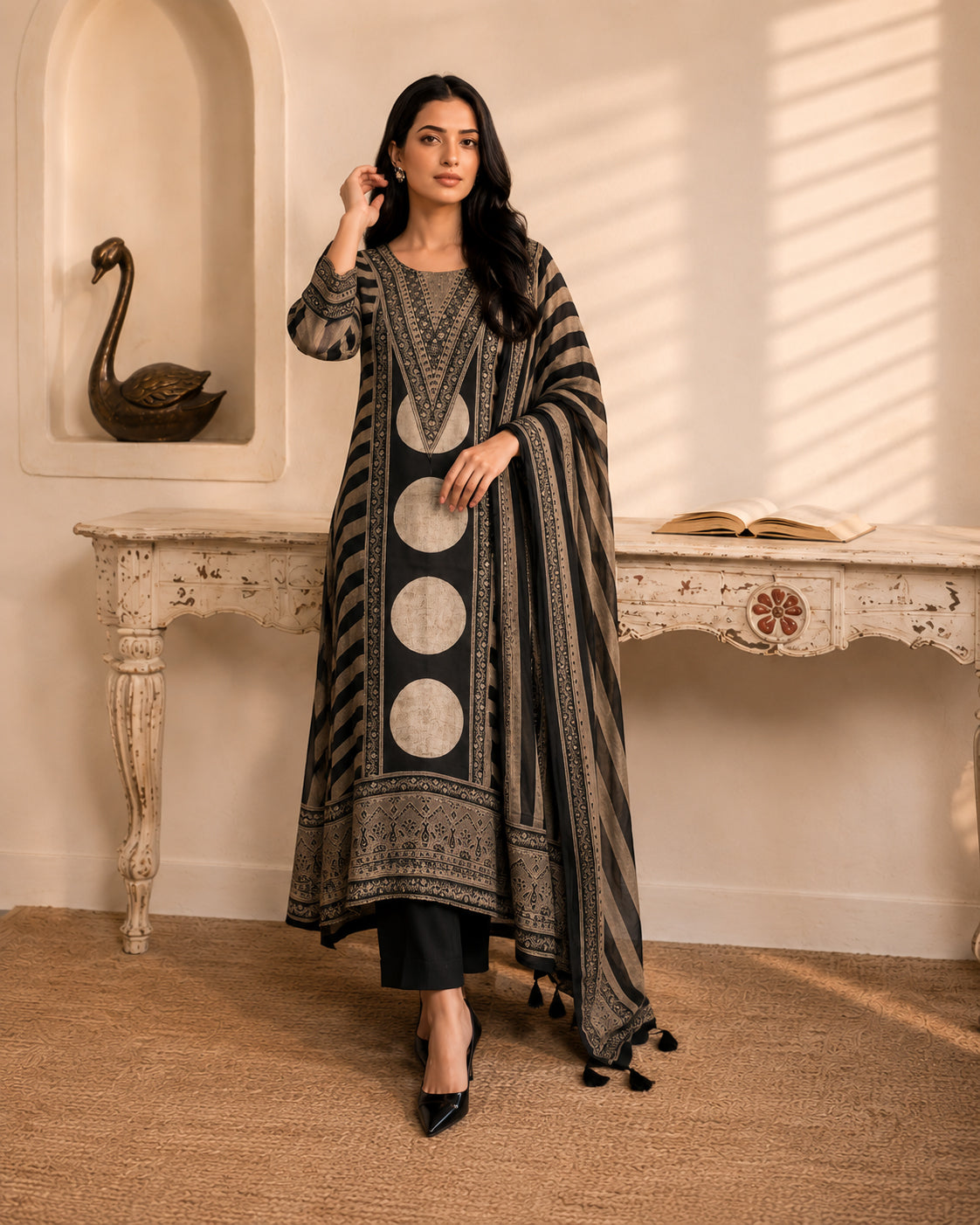 Black Mirror work Printed Modal Muslin 3-Piece Kurta Pant Suit Set with Dupatta