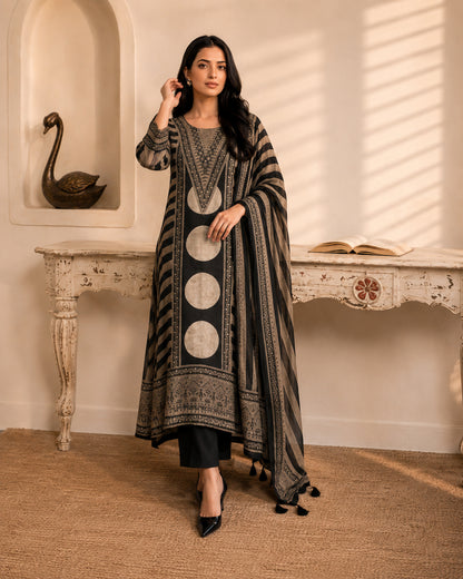 Black Mirror work Printed Modal Muslin 3-Piece Kurta Pant Suit Set with Dupatta