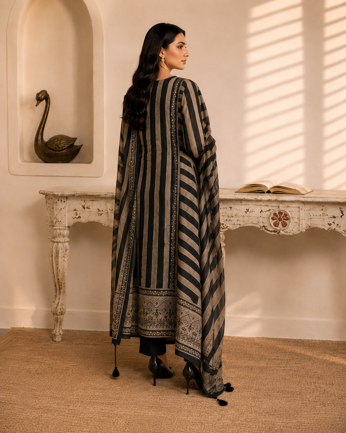 Black Mirror work Printed Modal Muslin 3-Piece Kurta Pant Suit Set with Dupatta