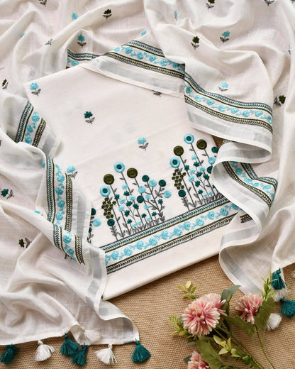 Pure Linen Unstitched Suit with French Knot Floral Embroidery