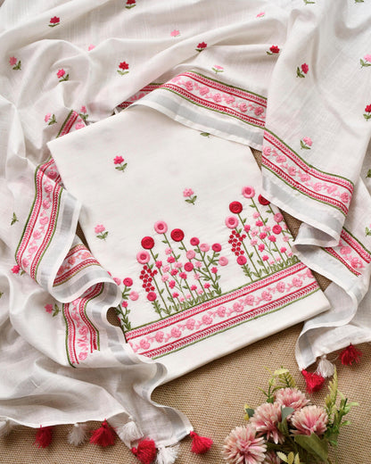Pure Linen Unstitched Suit with French Knot Floral Embroidery