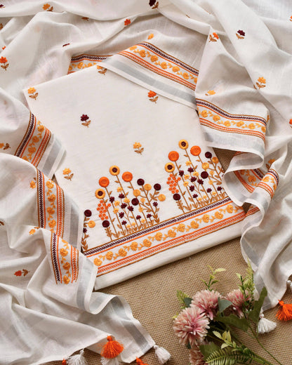 Pure Linen Unstitched Suit with French Knot Floral Embroidery
