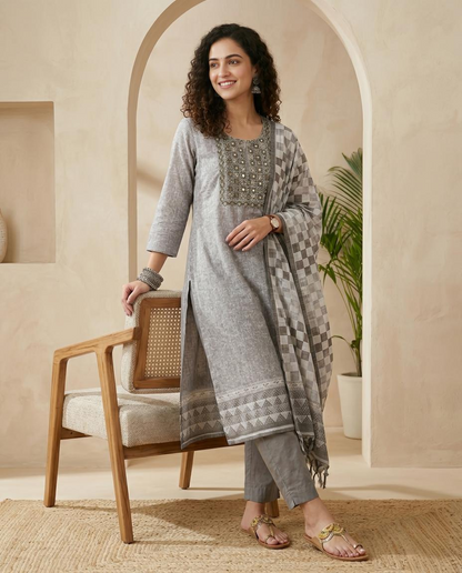 Grey Linen Unstitched Suit Set with Hand Embroidery & Checkered Dupatta