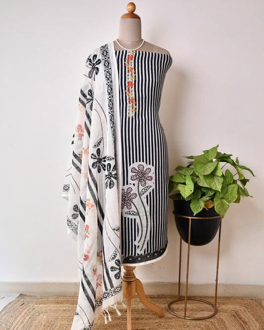 Handcrafted Elegance: Premium Unstitched Linen Suit Set with Kantha Work