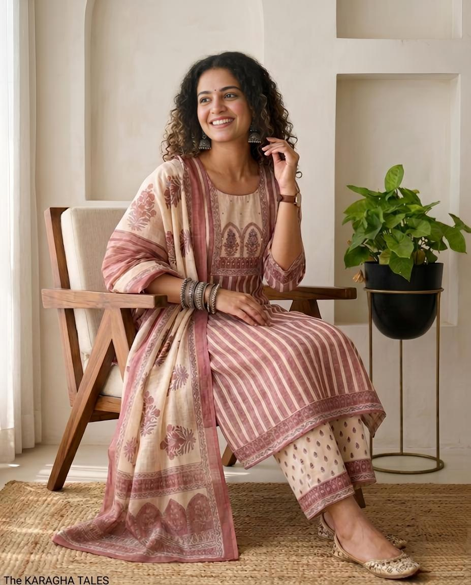 Linen Unstitched Suit Set with Embroidered Yoke & Floral Dupatta