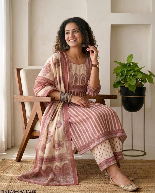 Linen Unstitched Suit Set with Embroidered Yoke & Floral Dupatta