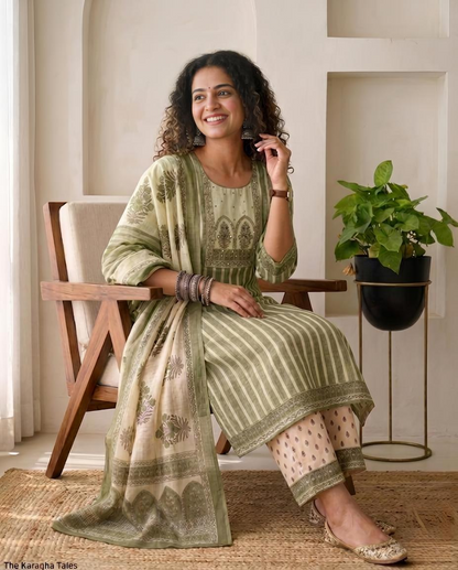 Linen Unstitched Suit Set with Embroidered Yoke & Floral Dupatta