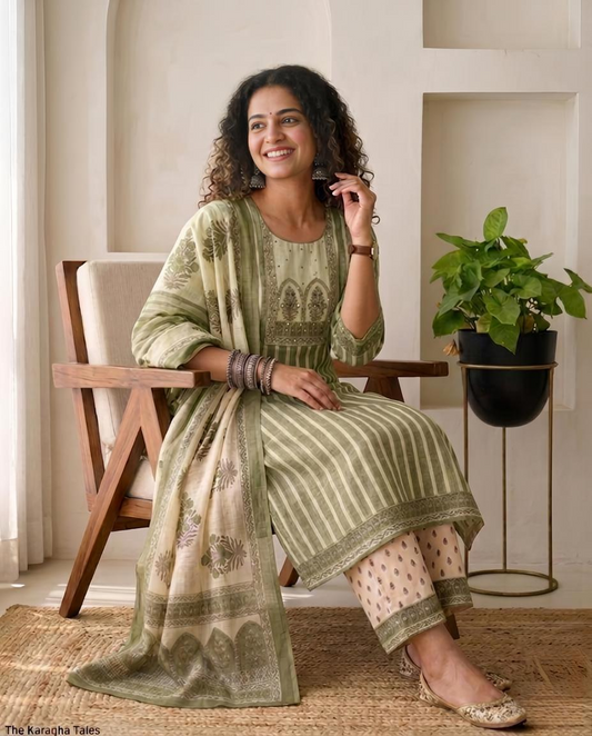Linen Unstitched Suit Set with Embroidered Yoke & Floral Dupatta
