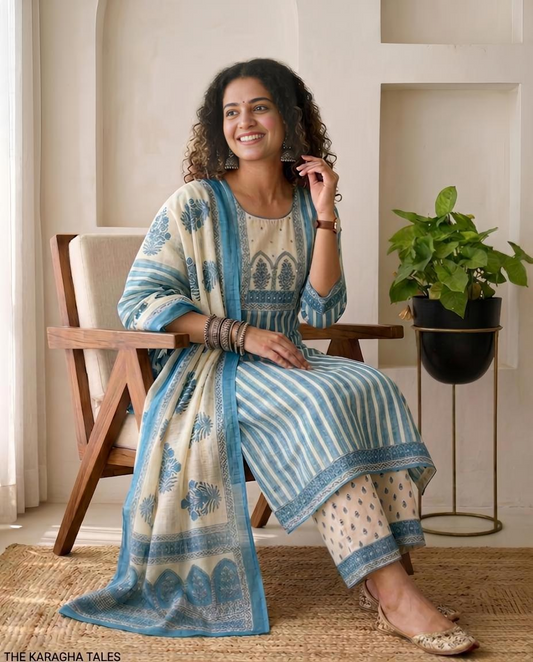 Linen Unstitched Suit Set with Embroidered Yoke & Floral Dupatta