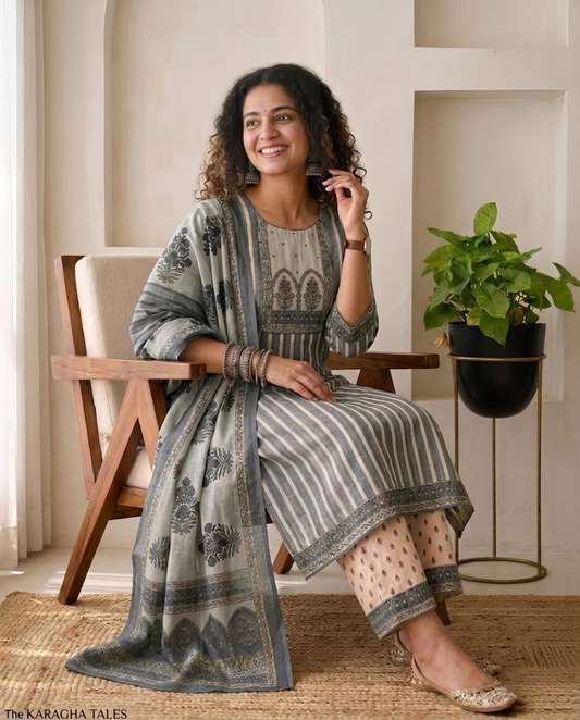 Linen Unstitched Suit Set with Embroidered Yoke & Floral Dupatta