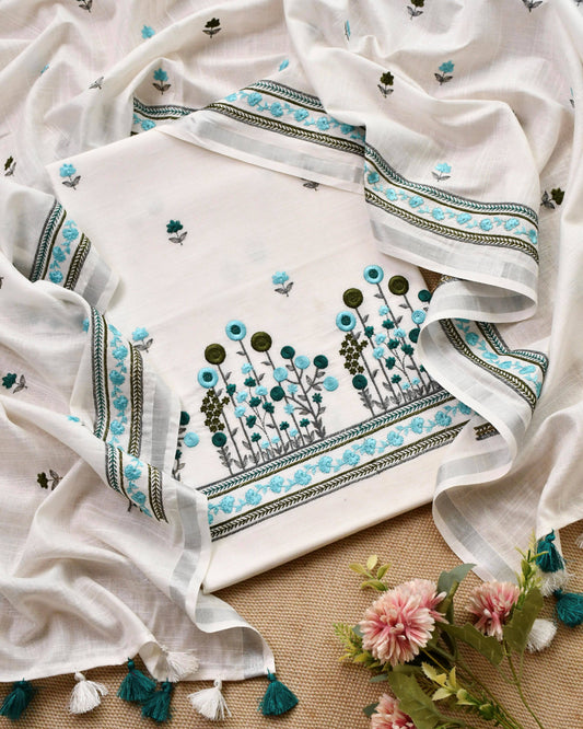 Pure Linen Unstitched Suit with French Knot Floral Embroidery