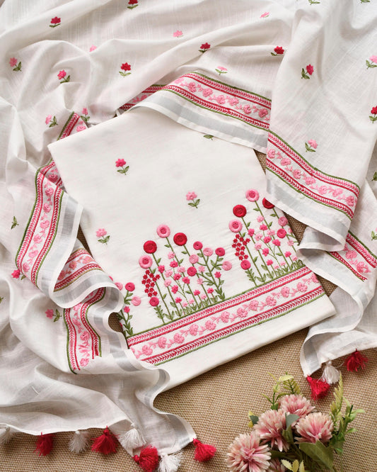 Pure Linen Unstitched Suit with French Knot Floral Embroidery