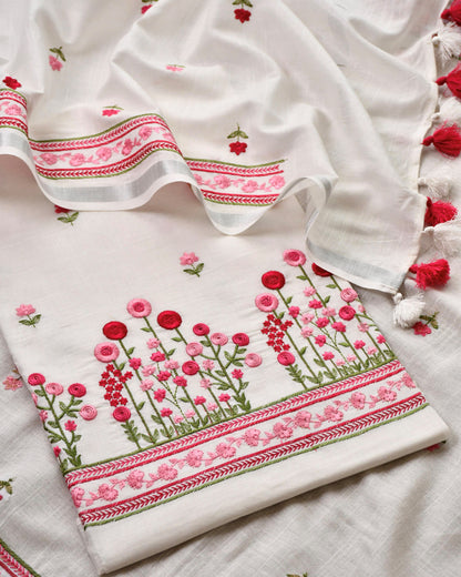 Pure Linen Unstitched Suit with French Knot Floral Embroidery