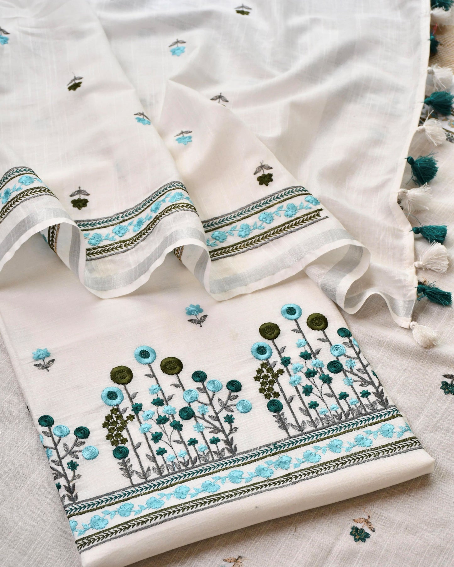 Pure Linen Unstitched Suit with French Knot Floral Embroidery