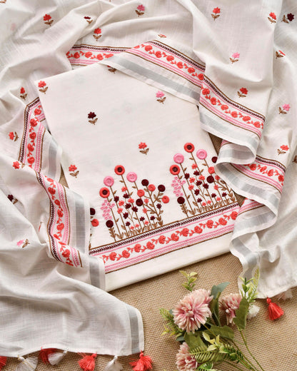 Pure Linen Unstitched Suit with French Knot Floral Embroidery