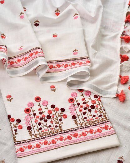 Pure Linen Unstitched Suit with French Knot Floral Embroidery