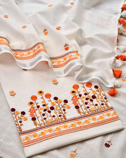 Pure Linen Unstitched Suit with French Knot Floral Embroidery