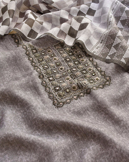 Grey Linen Unstitched Suit Set with Hand Embroidery & Checkered Dupatta