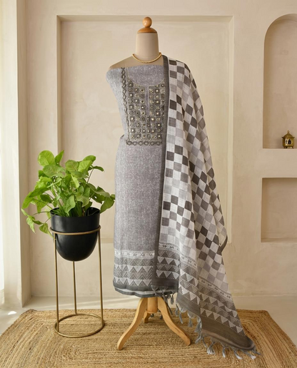 Grey Linen Unstitched Suit Set with Hand Embroidery & Checkered Dupatta
