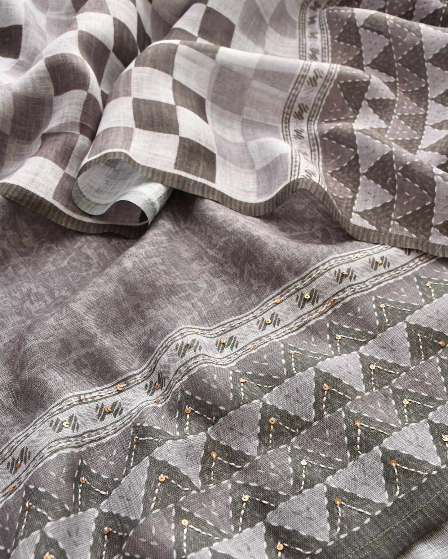 Grey Linen Unstitched Suit Set with Hand Embroidery & Checkered Dupatta