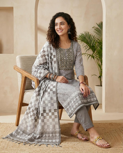 Grey Linen Unstitched Suit Set with Hand Embroidery & Checkered Dupatta