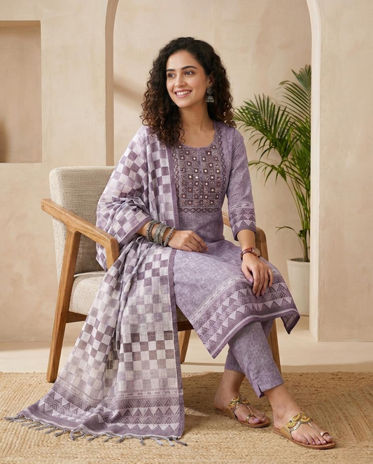 Lavender Linen Unstitched Suit Set with Hand Embroidery & Checkered Dupatta