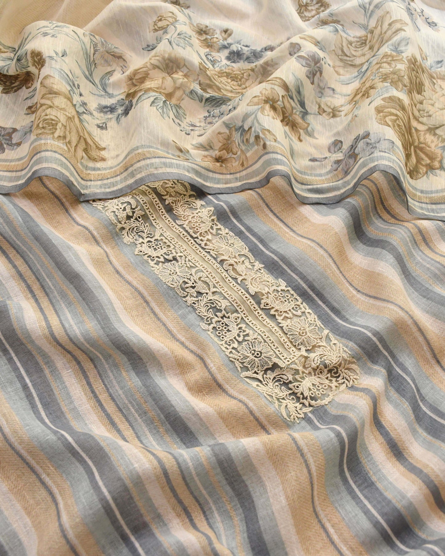 Premium Linen Lace Work Unstitched Suit Material– 3 Piece Striped & Floral Print