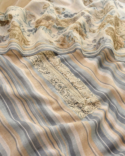 Premium Linen Lace Work Unstitched Suit Material– 3 Piece Striped & Floral Print