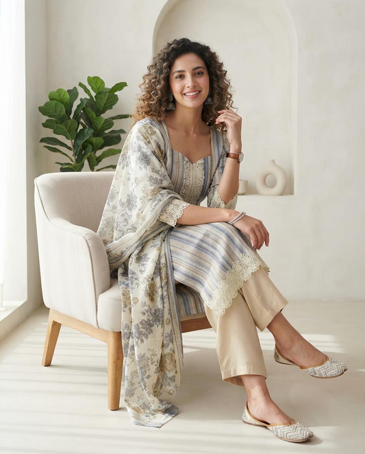 Premium Linen Lace Work Unstitched Suit Material– 3 Piece Striped & Floral Print