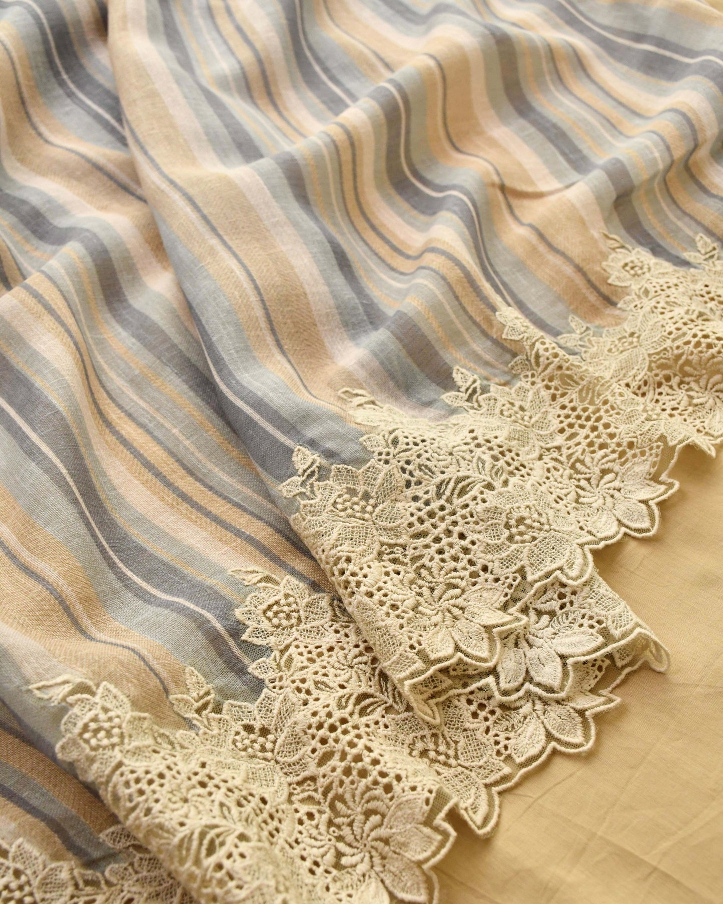 Premium Linen Lace Work Unstitched Suit Material– 3 Piece Striped & Floral Print