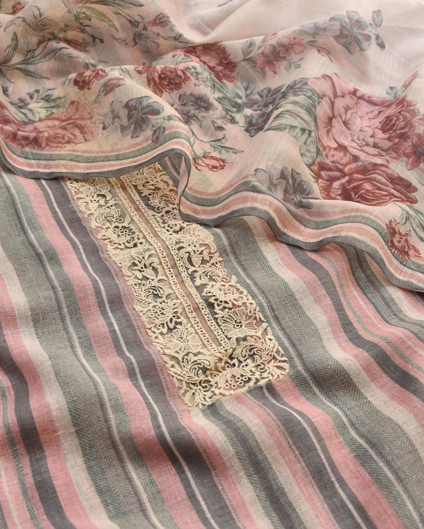 Premium Linen Lace Work Unstitched Suit Material– 3 Piece Striped & Floral Print