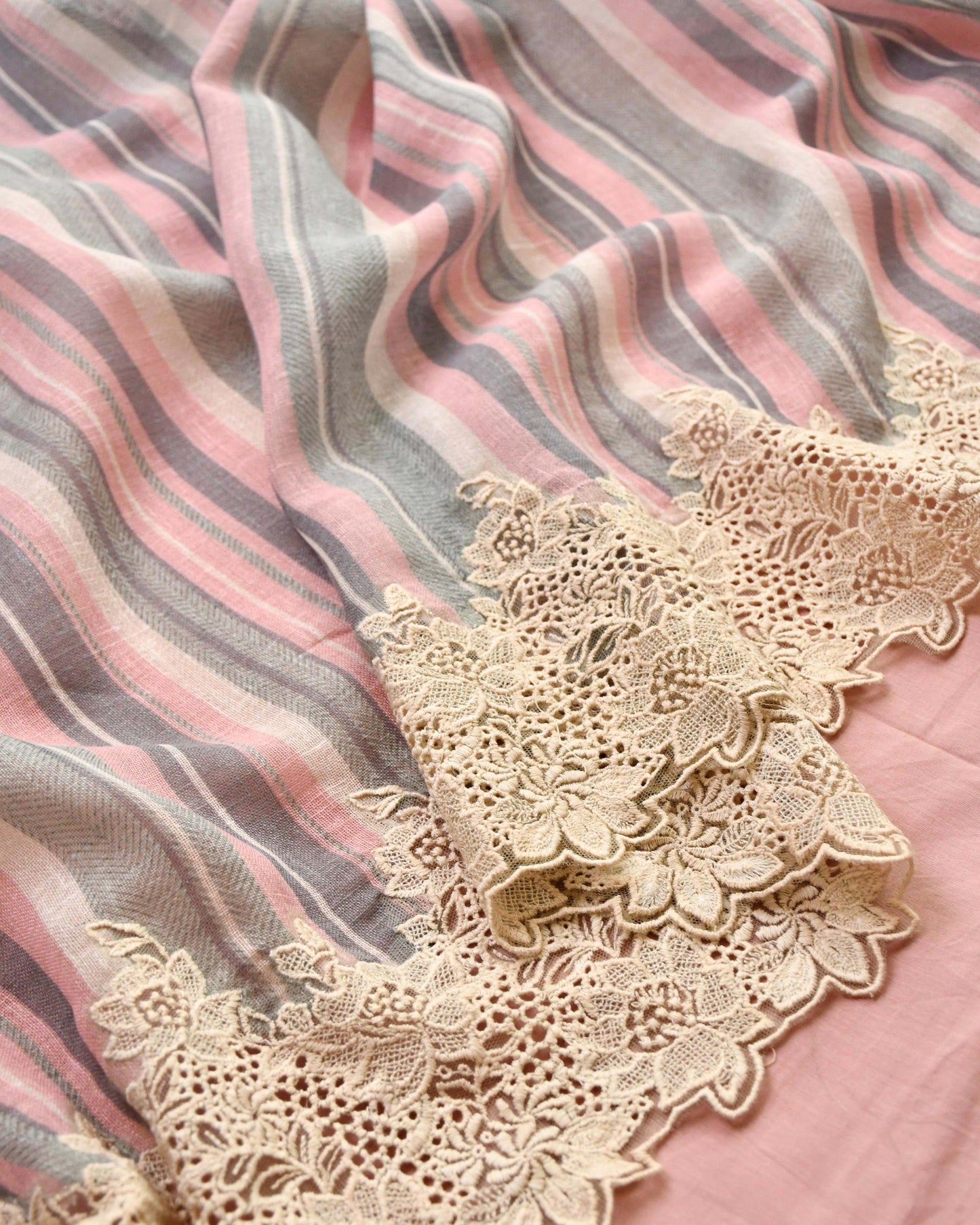 Premium Linen Lace Work Unstitched Suit Material– 3 Piece Striped & Floral Print