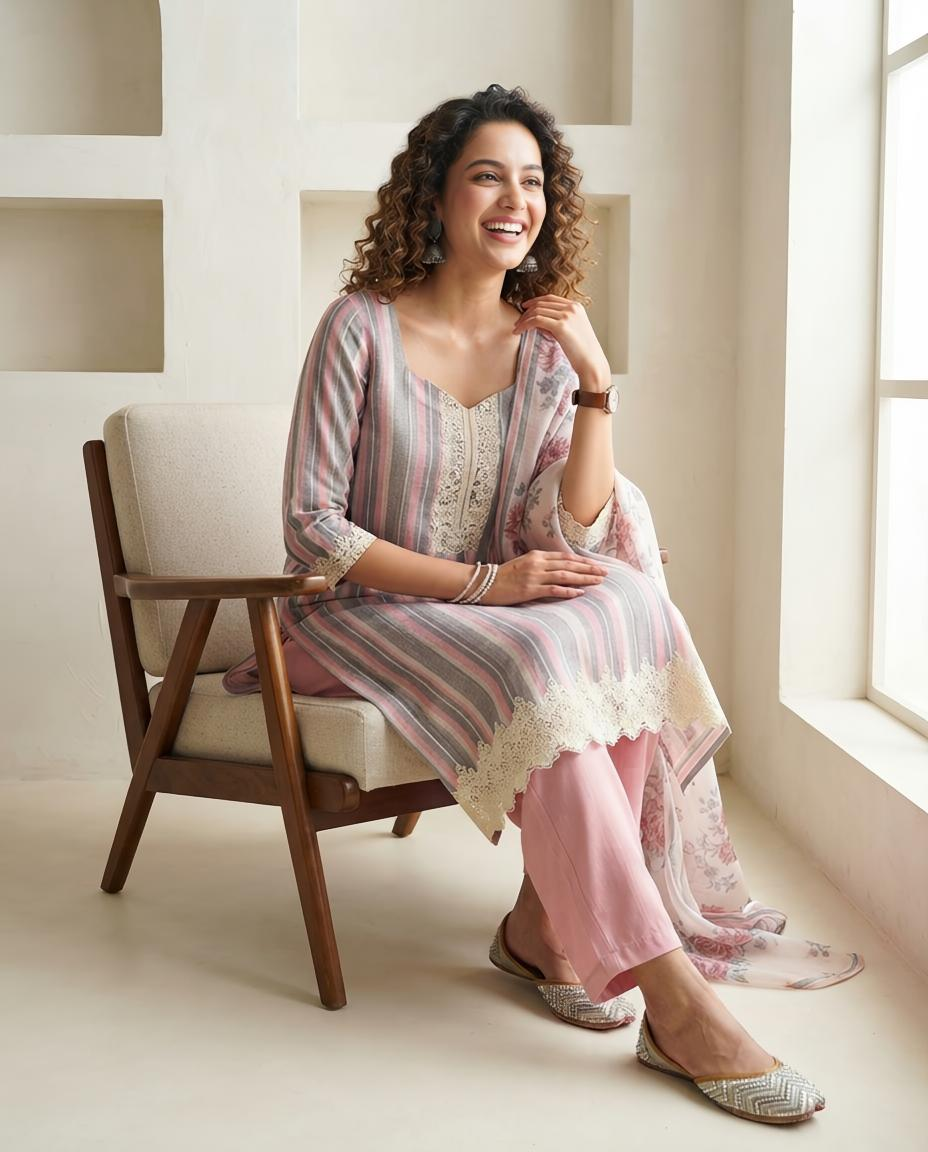 Premium Linen Lace Work Unstitched Suit Material– 3 Piece Striped & Floral Print