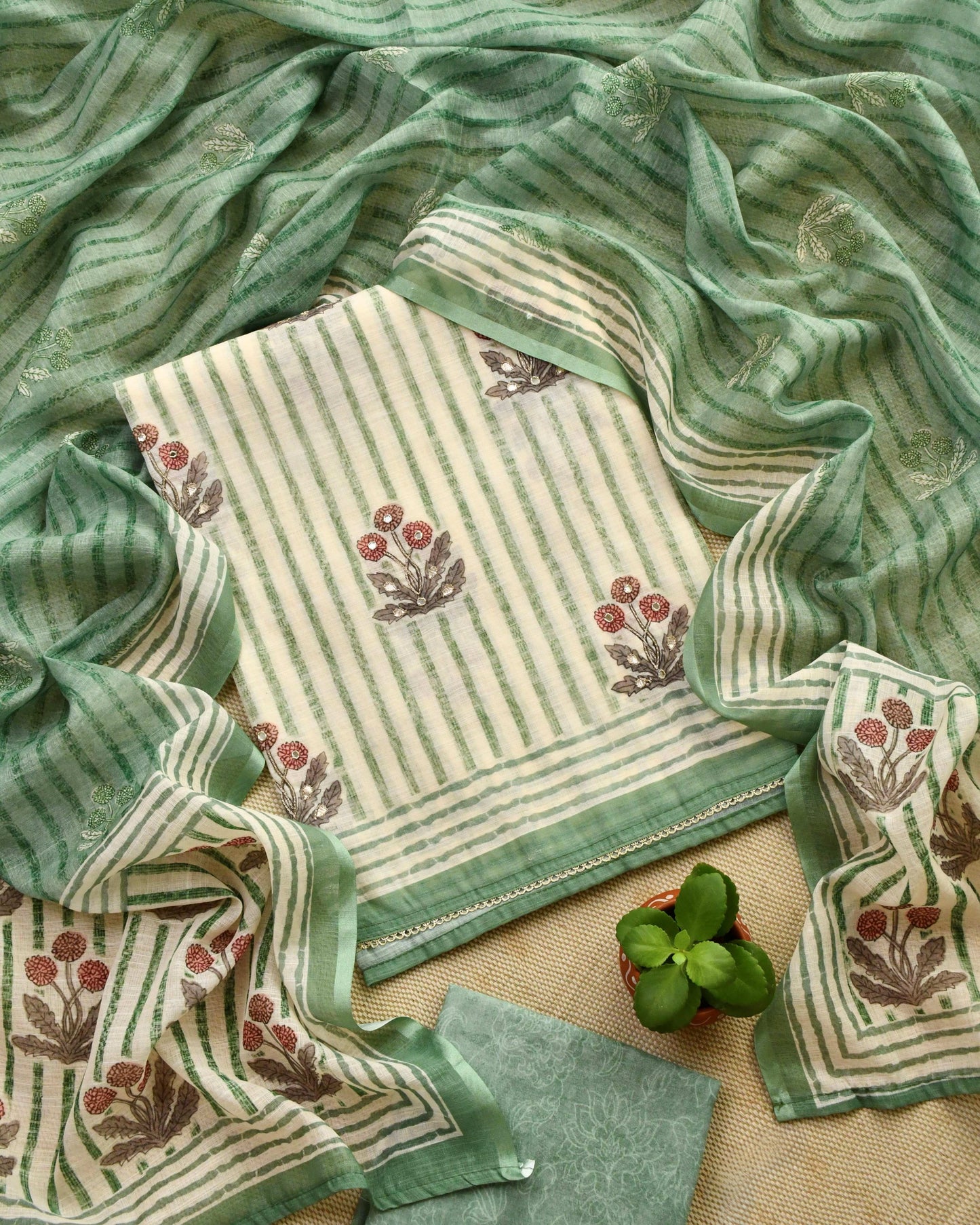 Sage Green Striped Linen Unstitched Suit with Mirror Work