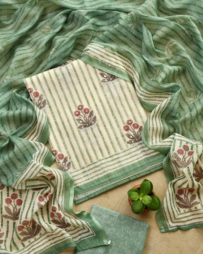 Sage Green Striped Linen Unstitched Suit with Mirror Work