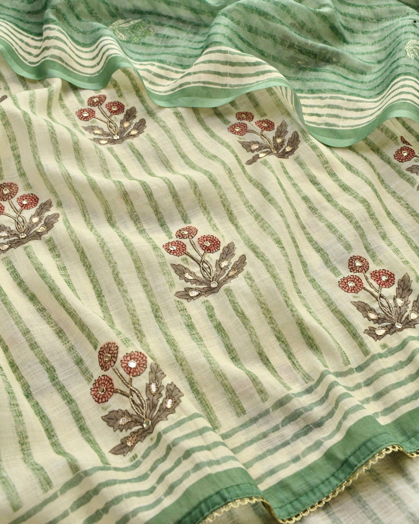 Sage Green Striped Linen Unstitched Suit with Mirror Work