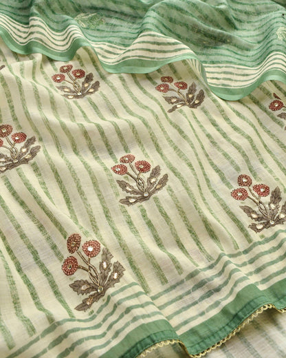 Sage Green Striped Linen Unstitched Suit with Mirror Work