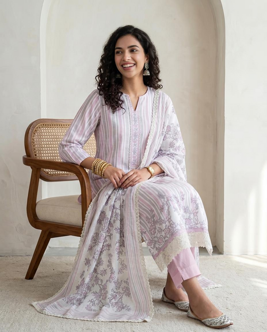 Premium Pure Linen Unstitched Suit Set with Floral Prints and Delicate Lacework