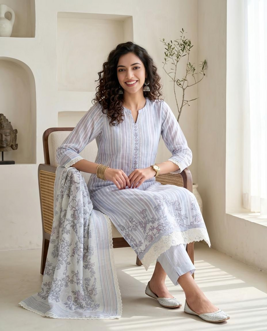 Premium Pure Linen Unstitched Suit Set with Floral Prints and Delicate Lacework