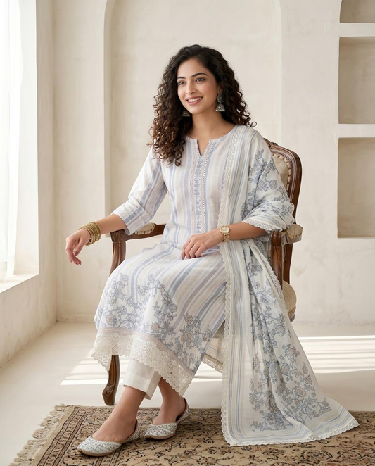 Premium Pure Linen Unstitched Suit Set with Floral Prints and Delicate Lacework