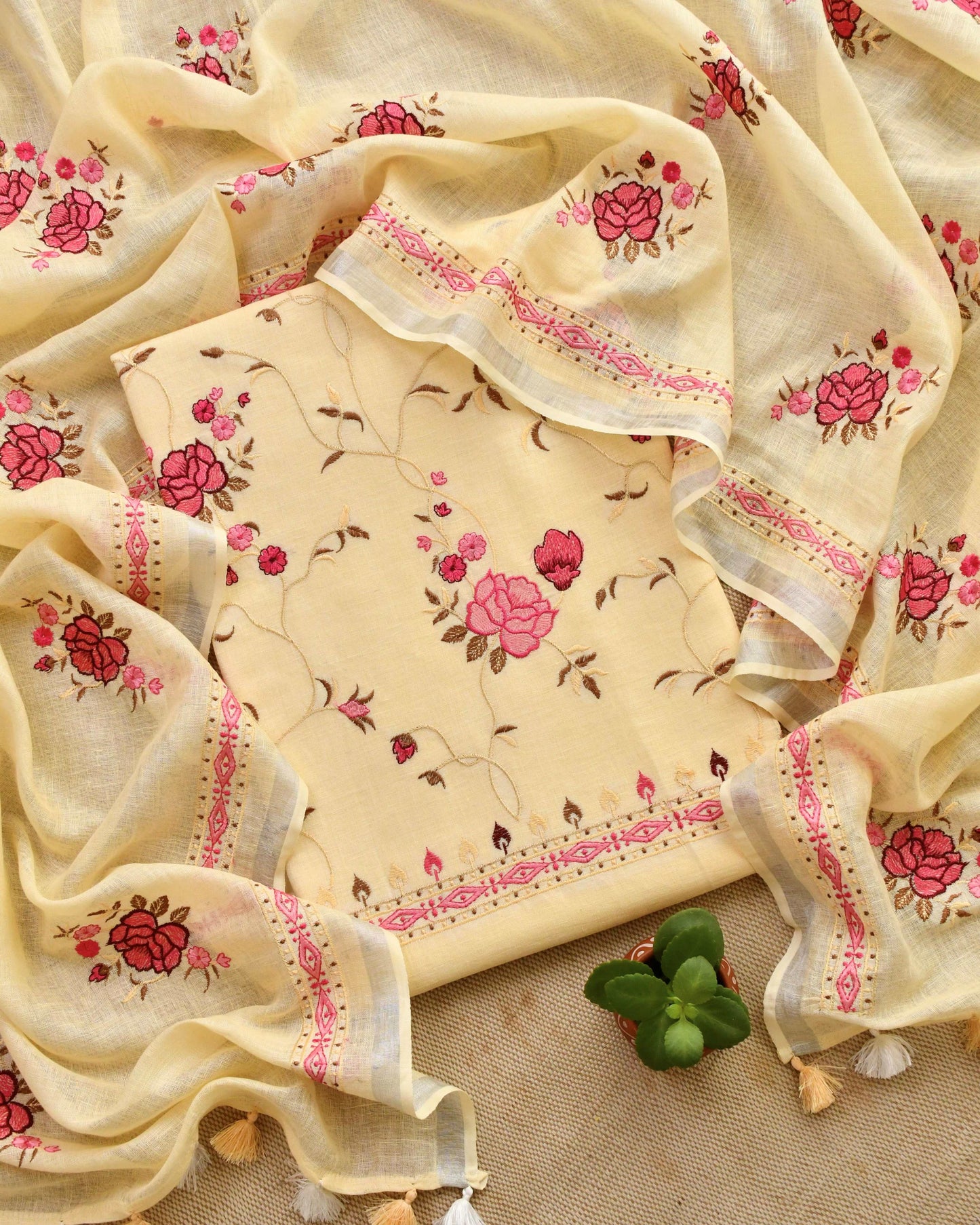 Pure Linen Embroidered Unstitched Suit Set – Artisanal Floral Collection