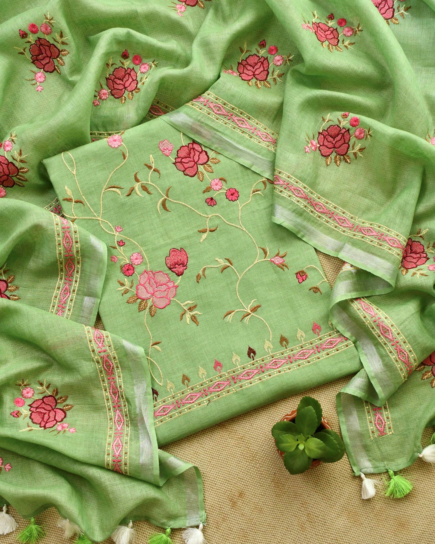 Pure Linen Embroidered Unstitched Suit Set – Artisanal Floral Collection