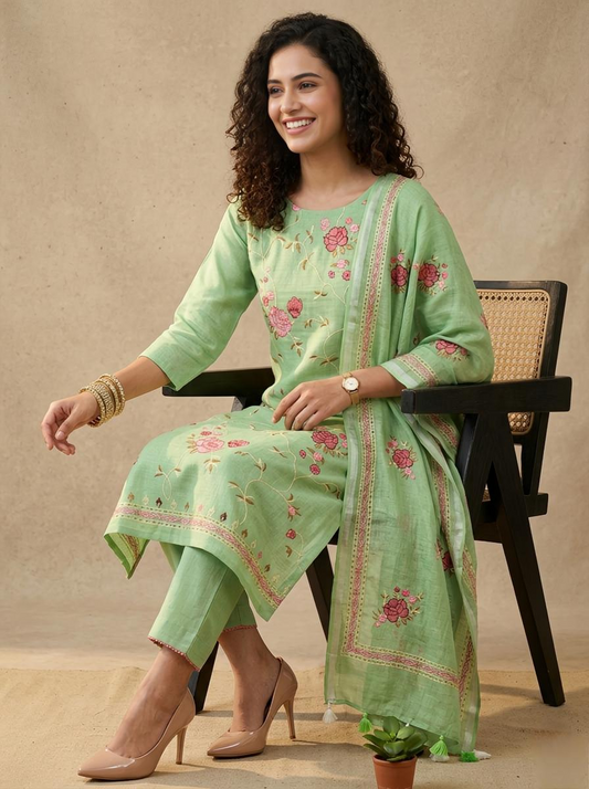 Pure Linen Embroidered Unstitched Suit Set – Artisanal Floral Collection